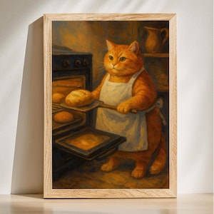 May include: A framed print depicts an orange cat wearing a white apron, holding a wooden peel with freshly baked bread. The cat is in a kitchen setting, with an oven and other baking supplies visible. The artwork has a warm, inviting color palette.