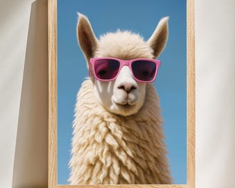 Cool Llama with Pink Glasses, Playful Pop Art Style, Quirky Animal Portrait, Fun Home Decor, Digital Download