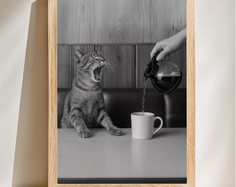 Funny Cat Coffee Wall Art, Vintage Cat Photo, Morning Coffee Decor, Gift For Coffee Lovers, Digital Download