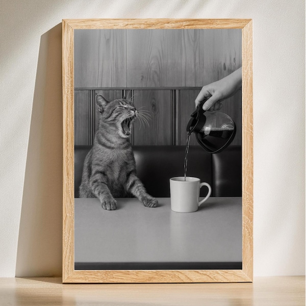 Quadro de parede divertido com gato tomando café, foto vintage de gato, decoração para o café da manhã, presente para amantes de café, download digital