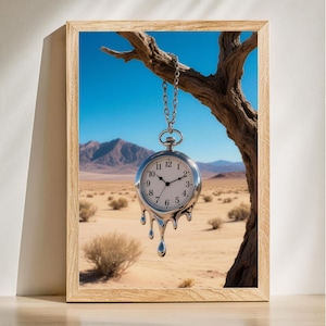 May include: A framed print featuring a surrealist image of a melting pocket watch hanging from a tree branch against a desert landscape. The watch has a white face with black numbers and hands. The background shows a blue sky and mountains.