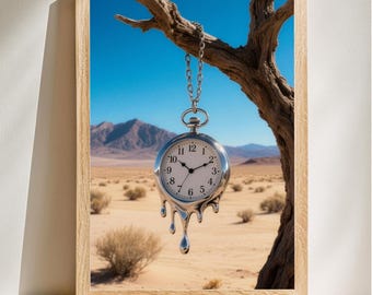 Reloj derretido, arte surrealista, estilo Salvador Dalí, lámina de paisaje desértico, arte mural con concepto de tiempo, descarga digital.