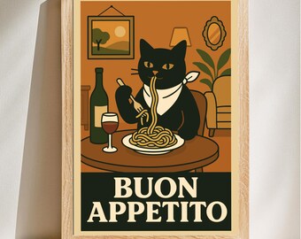 Buon Appetito Cat Print, Retro Italian Kitchen Print, Funny Black Cat Wall Decor, Spaghetti Poster, Retro Diner Poster, Digital Download