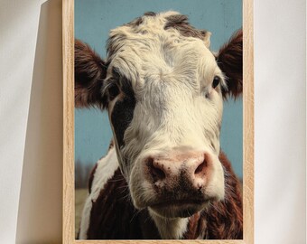 Retrato rústico de vaca, encanto campestre, decoración animal original, lámina para el hogar de estilo rústico, regalo para amantes de los animales, descarga digital.