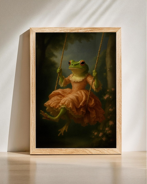 Funny Frog Wall Art, Inspired by The Swing, Vintage Animal Poster, Whimsical Frog Artwork, Funny Animal Decor, Digital Download