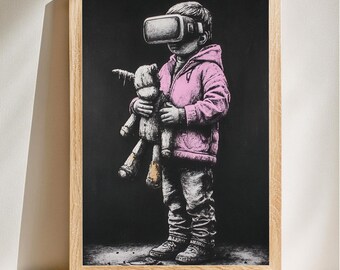 Arte mural infantil en realidad virtual, lámina de arte urbano moderno, decoración tecnológica para dormitorio, póster imprimible, descarga digital.