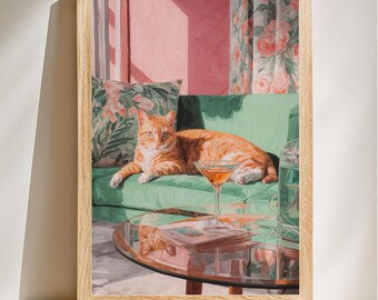 Arte para salón de gatos, decoración vintage moderna, lámina felina antropomórfica, acento acogedor para el hogar, descarga digital