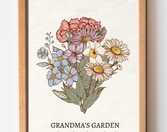 Regalo del Día de la Madre para la Abuela, Arte de Pared con Flores de Nacimiento Personalizado, Jardín de la Abuela, Jardín de la Nana, Impresión Digital de Flores Personalizada