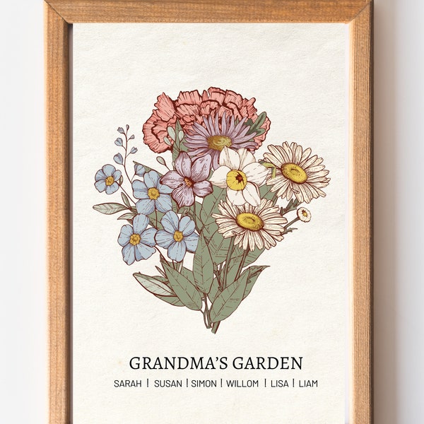 Cadeau fête des mères de grand-mère, art mural fleur de naissance personnalisé, jardin de grand-mère, jardin de grand-mère, impression numérique de fleurs personnalisées