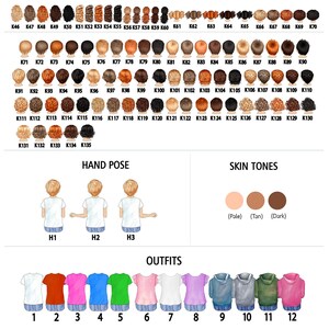 May include: A chart with options for customizing kids' avatars.  The chart includes hairstyles, hand poses, skin tones, outfits, hats, and other options like angel wings and halos.  The chart also includes a sample form with the text "Name: David, Age: 7, Hair: K95, Hand P.: H2, Skin: 1, Outfit: 1, Hat: 2".