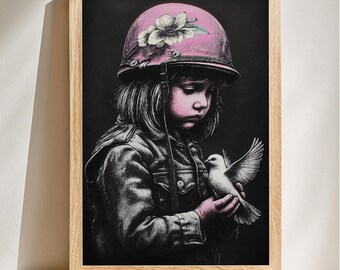Arte de Chica Soldado de la Paz, Ilustración Antibélica, Estampado de Paloma, Decoración Floral para Casco Militar, Descarga Digital