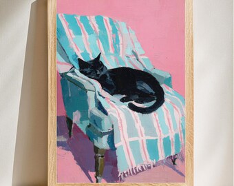Arte de un gato durmiendo plácidamente, estilo moderno y original, lámina con retrato de animal, decoración colorida para el hogar, descarga digital.