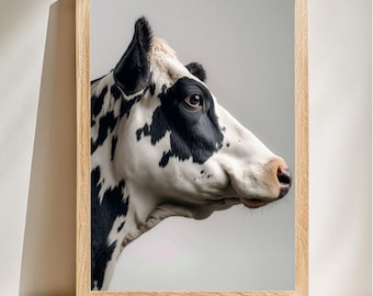 Retrato de vaca majestuosa, arte contemporáneo, decoración minimalista de animales, arte de pared rústico de granja, impresión digital elegante, descarga digital.