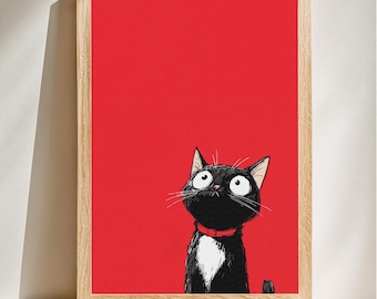 Retrato de gato juguetón, arte pop caprichoso, ilustración animal peculiar, decoración del hogar llamativa, descarga digital