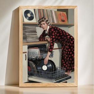 Arte retrô com discos de vinil, impressão em vinil estilo vintage, arte estética, decoração surreal para cozinha, arte de parede de meados do século XX, download digital.