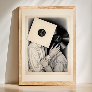 May include: A black and white illustration of two people embracing, their faces obscured by vinyl records. The record on the left is white with a black label, while the record on the right is black with a white label.