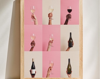 Colección de arte vinícola elegante, estilo pop art moderno, decoración para el hogar para amantes del vino, arte colorido para la pared del comedor, descarga digital.
