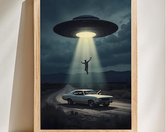 Mystical UFO Encounter Art, Sci-Fi Style, Surreal Night Landscape, Dreamlike Home Decor, Digital Download