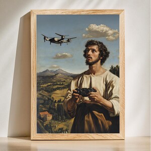 May include: A painting of a man in a brown robe holding a video game controller, looking up at a drone flying in a blue sky with white clouds. The background is a landscape with green hills and trees.