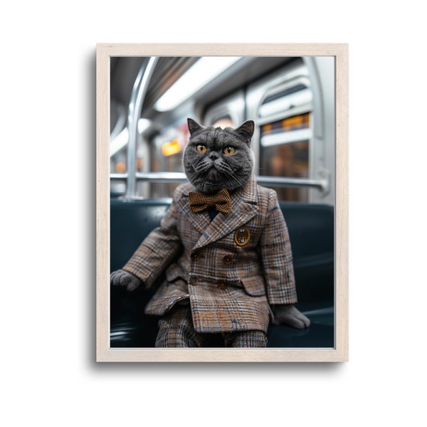 British Shorthair Cat in NY Subway, British Shorthair Print, British Shorthair Wall Art, British Shorthair Gift, Whimsical Animal