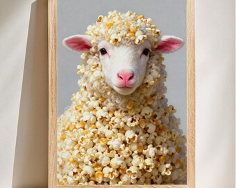 Decoración de pared con ovejas palomitas de maíz, estampado animal original, decoración de cocina, arte infantil, divertido animal de granja, descarga digital.