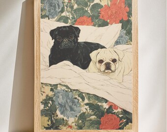 Encantador retrato de dúo de carlinos, estilo floral retro, arte de compañía canina, decoración vintage para el hogar, descarga digital.