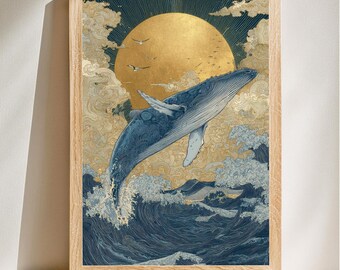 Arte japonés de ballenas, estilo Art Nouveau, decoración de pared oceánica, acento náutico para el hogar, ilustración de mar tempestuoso, descarga digital.