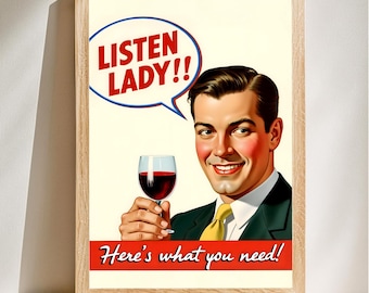 Retro Wine Poster Wall Art, Wine Lover Decor, Mid-Century Modern Poster, Retro Wine Prints, Bar Sign Illustration, Digital Download
