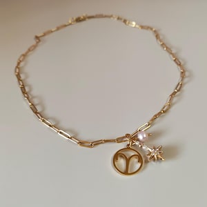 May include: A gold chain necklace with a gold pendant featuring the astrological symbol for Aries. The pendant is attached to a small pearl and a star charm.