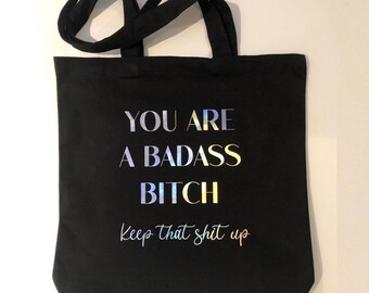 Czarna torba płócienna z holograficznym winylem, prezent motywacyjny dla szefowej