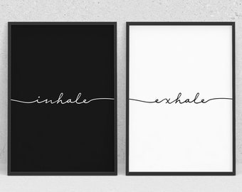 Inhale exhale - black and white poster - Digital download - Meditation home wall decor, Gym, pilates, yoga studio decor - Set of 2