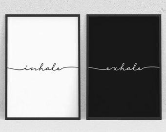 Poster set Inhale Exhale - modern print, Yoga, meditation, pilates, gym studio decor, Black and white - minimalist wall art