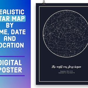 Mapa de estrellas personalizado por fecha, Mapa de constelaciones - Decoración de la pared del hogar - Recuerdo de boda, Regalo del 1er aniversario, Cielo nocturno, Regalos espaciales, Impresión digital