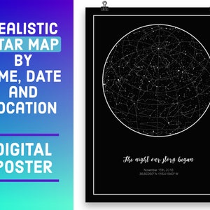 Carte des étoiles NUMÉRIQUE, Ciel nocturne personnalisé - Décoration murale - Cadeau de fiançailles, Cadeau de mariage, Anniversaire d'un an, Mari, Cadeau femme, Date spéciale