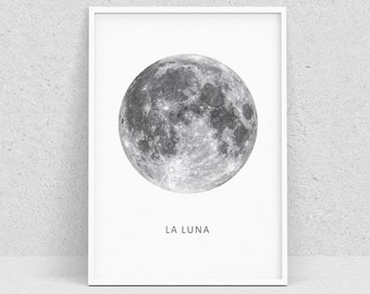 La luna poster, Full moon digital, Scandinavian wall decor for living room, bedroom, children room, Black and white Nordic print
