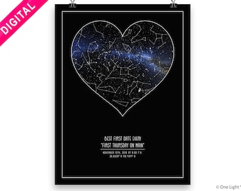 Real Star kaart hart, Constellation print, Uniek cadeau voor vriendin, vriendje, verlovingscadeau, trouwdag, speciale data, eerste kus