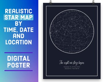 Op maat gemaakte nachtelijke hemel Sterrenkaart op datum, Over het bed prints, Huwelijkscadeau voor paar uniek - Digitale print