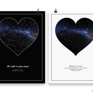 May include: Two black and white prints of a heart-shaped constellation map with the text "The night our story began" and "Madeline Eve Cooper The stars shined bright the day you were born November 13th, 2018 38.00260&deg;N 115.41540&deg;W"