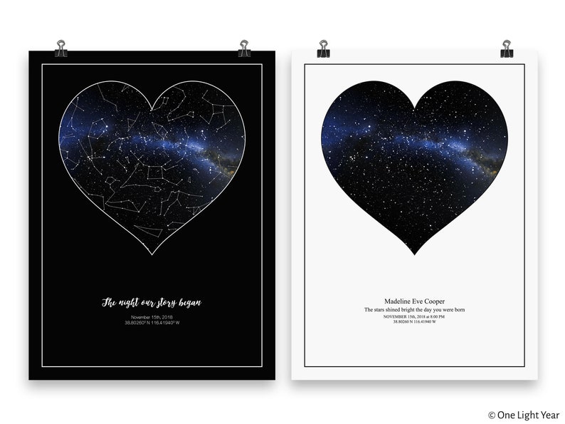 May include: Two black and white prints of a heart-shaped constellation map with the text "The night our story began" and "Madeline Eve Cooper The stars shined bright the day you were born November 13th, 2018 38.00260&deg;N 115.41540&deg;W"