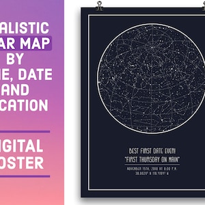 Carta de estrellas Impresión DIGITAL - Regalo personalizado, Mapa de estrellas por fecha, Mapa celestial, Idea de regalo de boda, Impresiones de mapas de constelaciones, Regalo para parejas