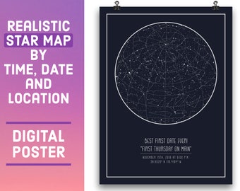 Sterrenkaart op datum en locatie, astronomiedecor voor slaapkamer of woonkamer