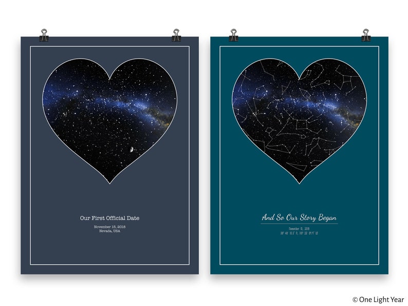 May include: Two blue and teal star maps in the shape of a heart. The left map shows the night sky on November 18, 2018, with the text "Our First Official Date" and the date and location. The right map shows the night sky on January 6, 2019, with the text "And So Our Story Began". The bottom right corner of the image has the text "&copy; One Light Year".
