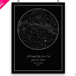 Mapa del cielo nocturno personalizado, Carta de constelaciones - Decoración del dormitorio - Regalo para novio, novia, Recuerdo de compromiso, Boda, Mapa de estrellas con nombre