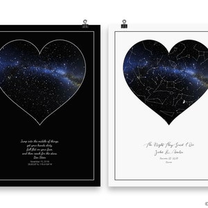 May include: Two black and white prints of a heart-shaped constellation map with the Milky Way galaxy visible. The left print has a quote about jumping into the middle of things and the date November 15, 2018. The right print has the text "The Night They Said I Do" and the date November 15, 2018.