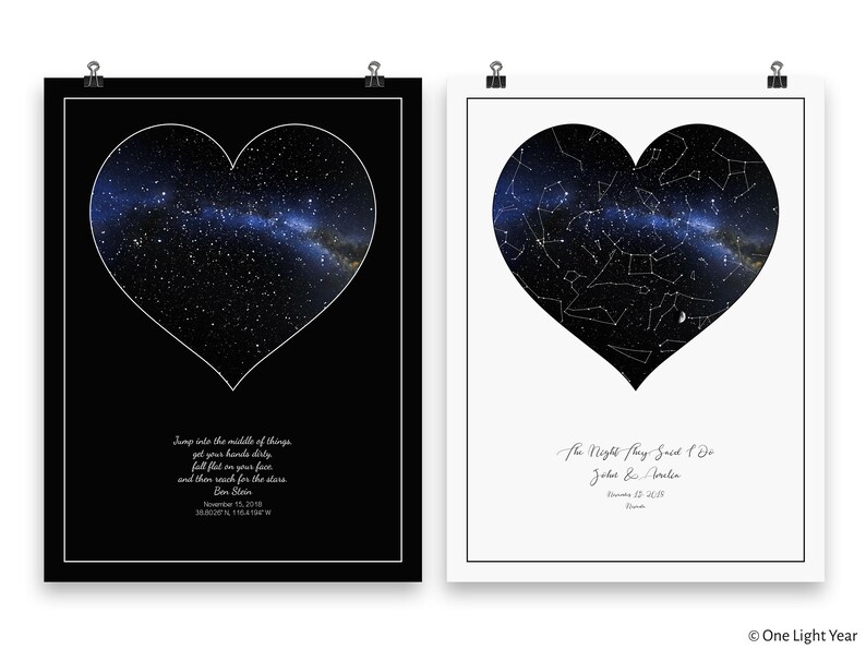 May include: Two black and white prints of a heart-shaped constellation map with the Milky Way galaxy visible. The left print has a quote about jumping into the middle of things and the date November 15, 2018. The right print has the text "The Night They Said I Do" and the date November 15, 2018.