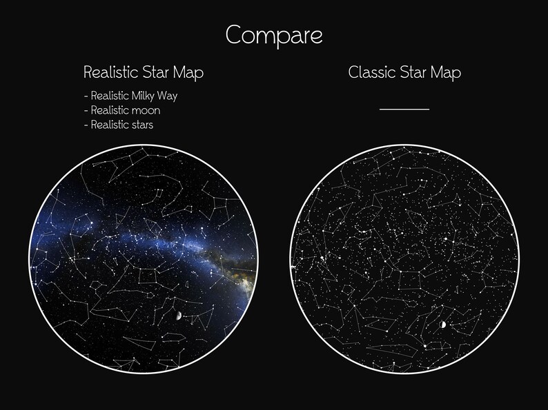 May include: Comparison of two star maps, one with a realistic Milky Way, moon, and stars, and the other with a classic, white-on-black design.