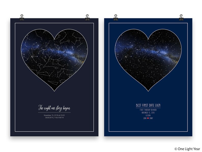 May include: Two navy blue prints with white borders. Each print features a heart-shaped outline with a night sky filled with stars and the Milky Way galaxy inside. The left print has the text "The night our story began" and the date "November 15, 2018 at 20:00". The right print has the text "Best First Date Ever" and the date "First Thursday of November 15, 2018".
