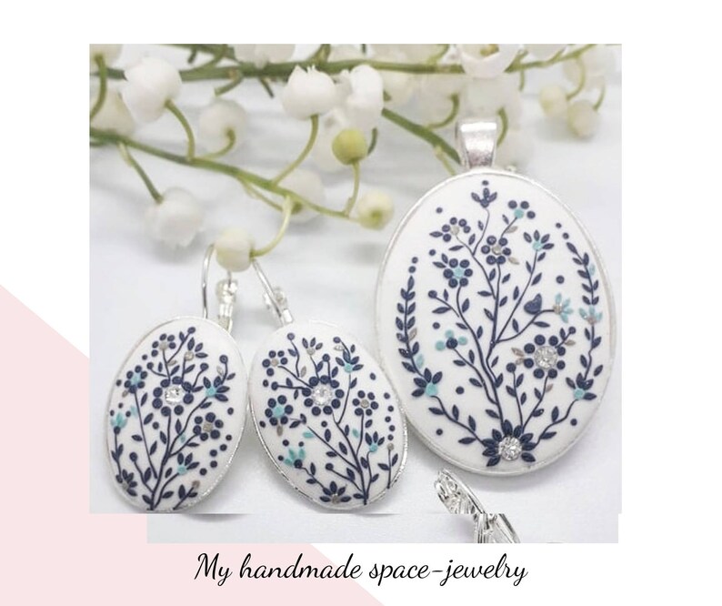 unique design for her vold porcelain Porcelain effect pendant and earrings made with polymer clay applique technique