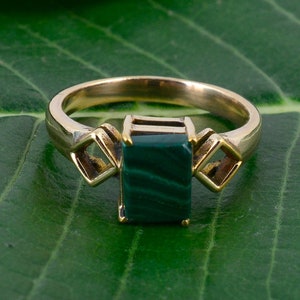 Natural Malachite Rectangle Ring, Emerald Cut Green Gemstone Ring, Gold Minimalist Ring, Statement Ring, Handmade Gift for Her,     AK-3lc1l
