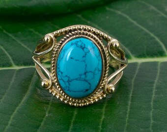 Turquoise Stone Ring, Boho Gold Statement Ring, Oval Turquoise Ring, Vintage Style Ring, Handmade Jewelry, Gift for Her,    AK-3lsyn